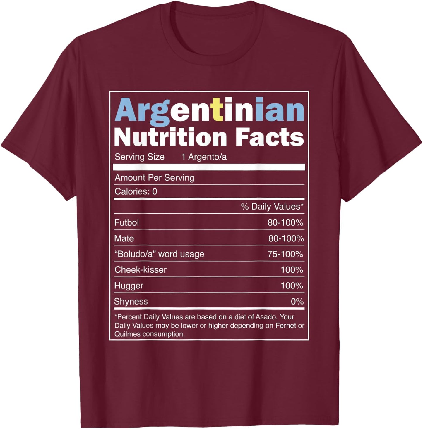 Argentina Flag Design - Funny Argentinian Nutrition Facts T-Shirt - T-Shirt | Maroon