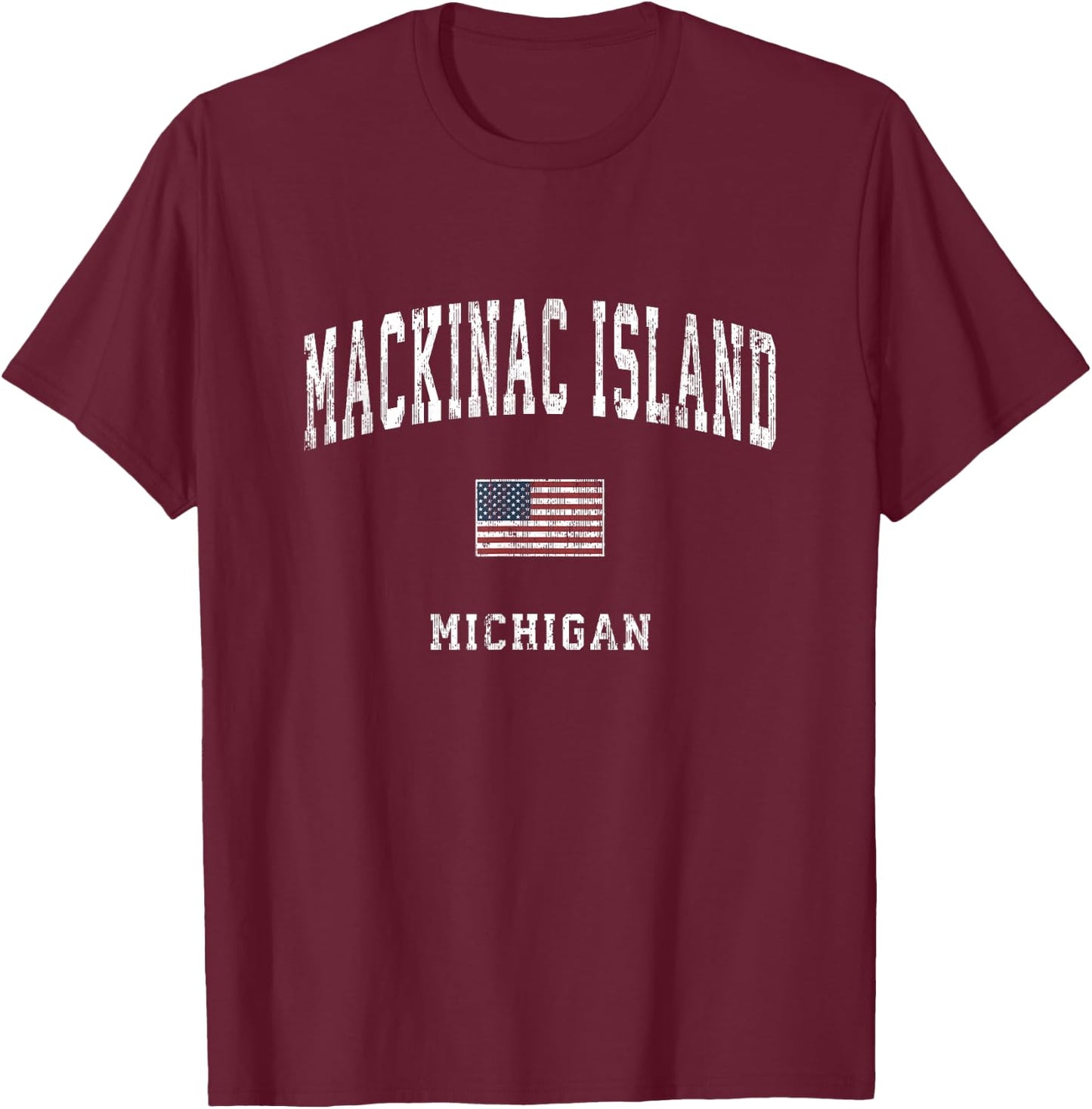 Mackinac Island Michigan MI Vintage American Flag Sports T-Shirt - T-Shirt | Maroon