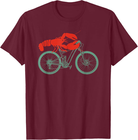 Cycling Lobster Mountain Bike Cyclist Cool Gifts -Adults Black Cotton Short Sleeve Classic Fit Collarless Retro Cycling Small T-Shirt - T-Shirt | Maroon