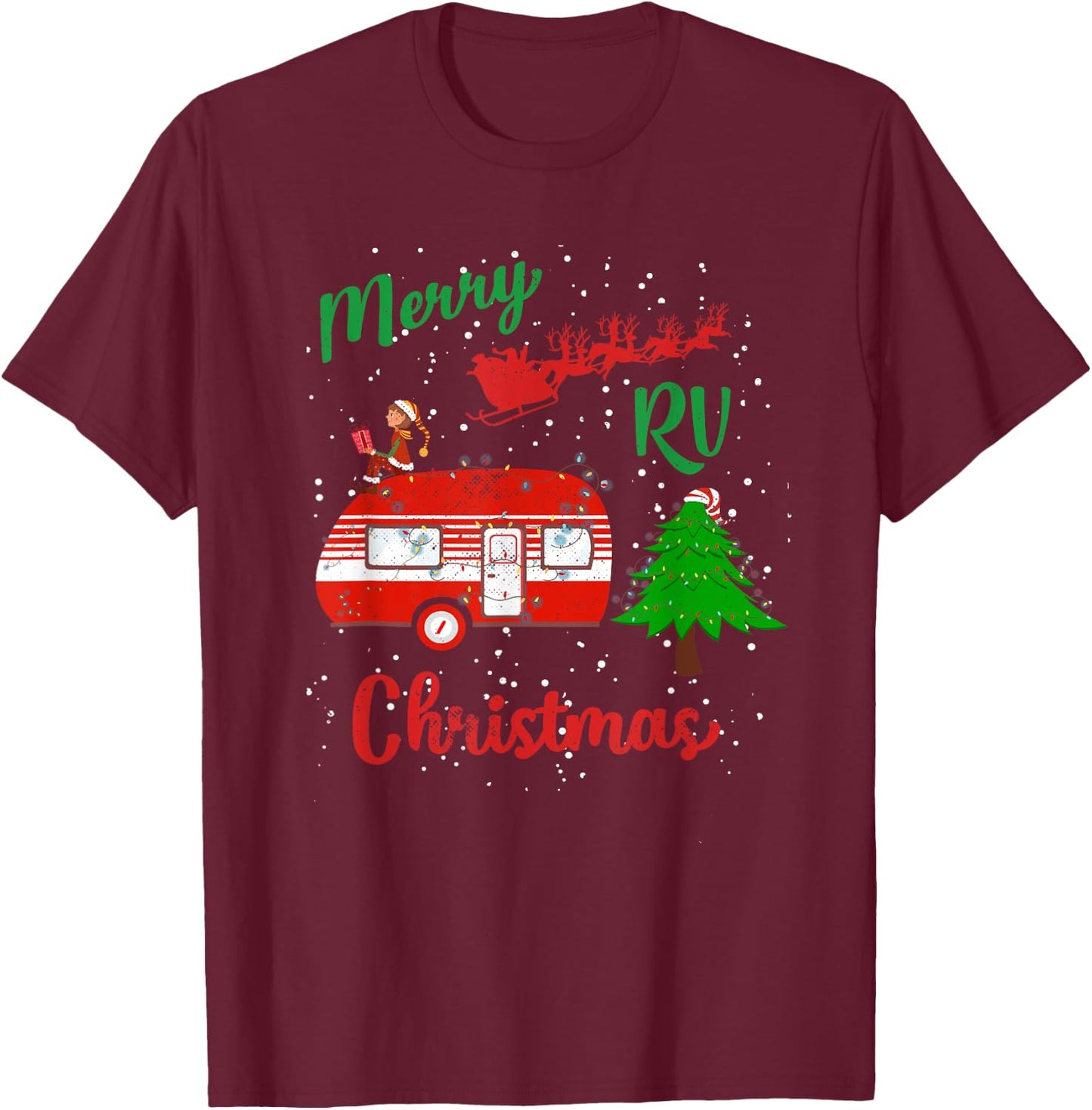 Merry RV Christmas Camping Santa Claus Distressed T-Shirt - T-Shirt | Maroon