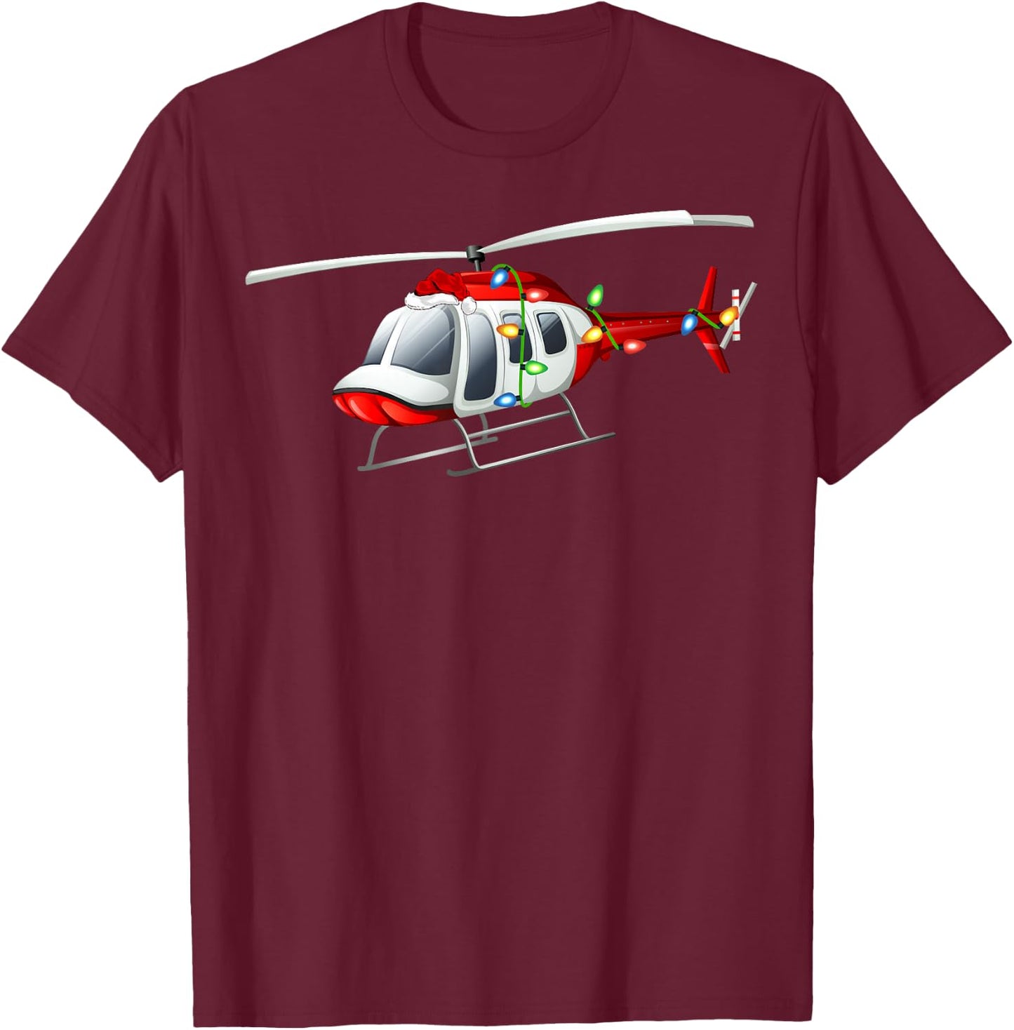 Xmas Lights Santa Hat Helicopter Christmas T-Shirt - T-Shirt | Maroon