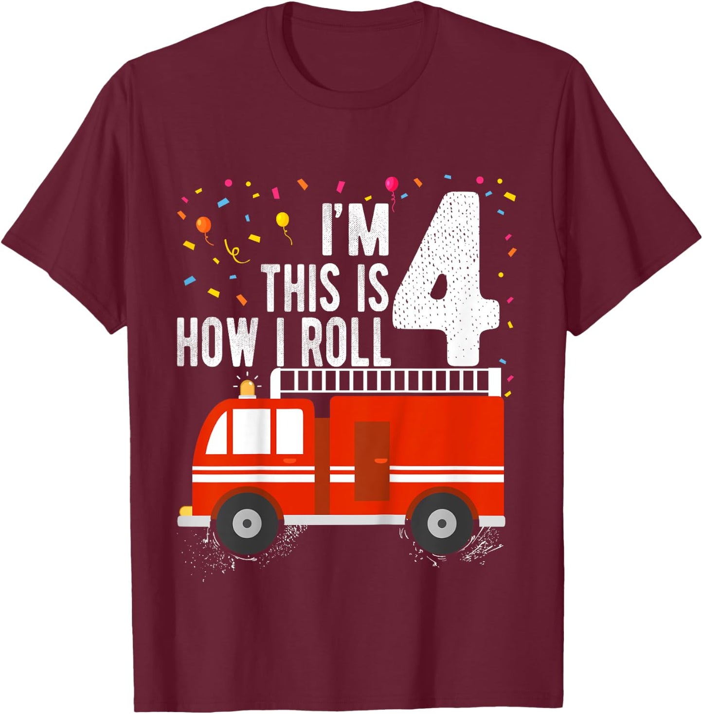 Kids Fire Truck 4th Birthday Boy 4 Year Old Firefighter T-Shirt - T-Shirt | Maroon