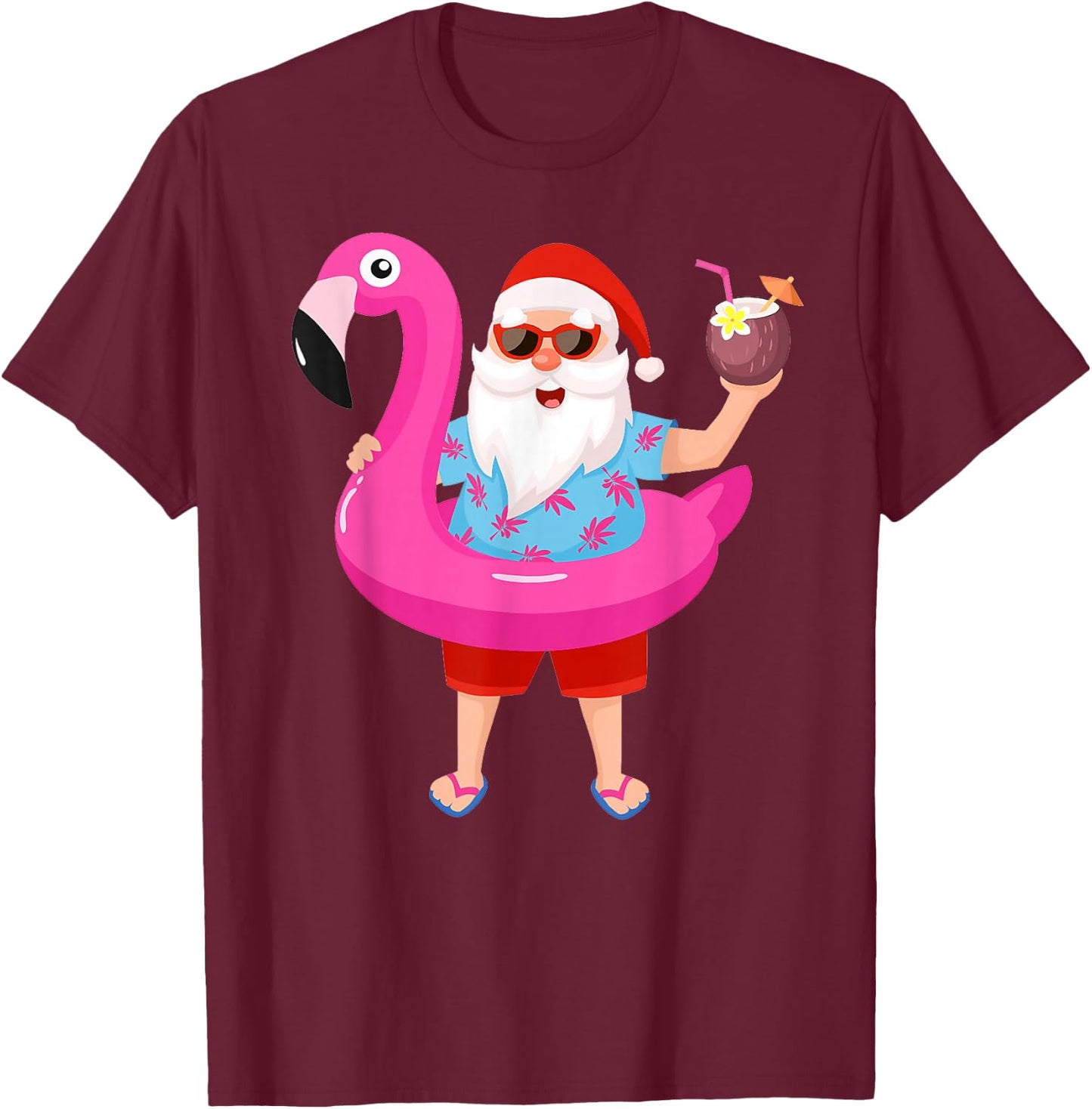 Christmas in July Santa hawaii Sunglasses Flamingo gifts T-Shirt - T-Shirt | Maroon