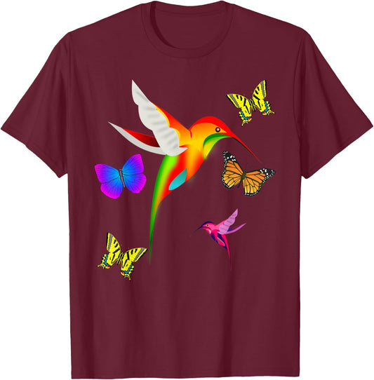 Unique Colorful Hummingbird With Butterflies T-Shirt - T-Shirt | Maroon