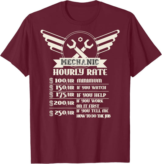 Backside Funny Mechanic Hourly Rate Distressed Design Shirt T-Shirt - T-Shirt | Maroon