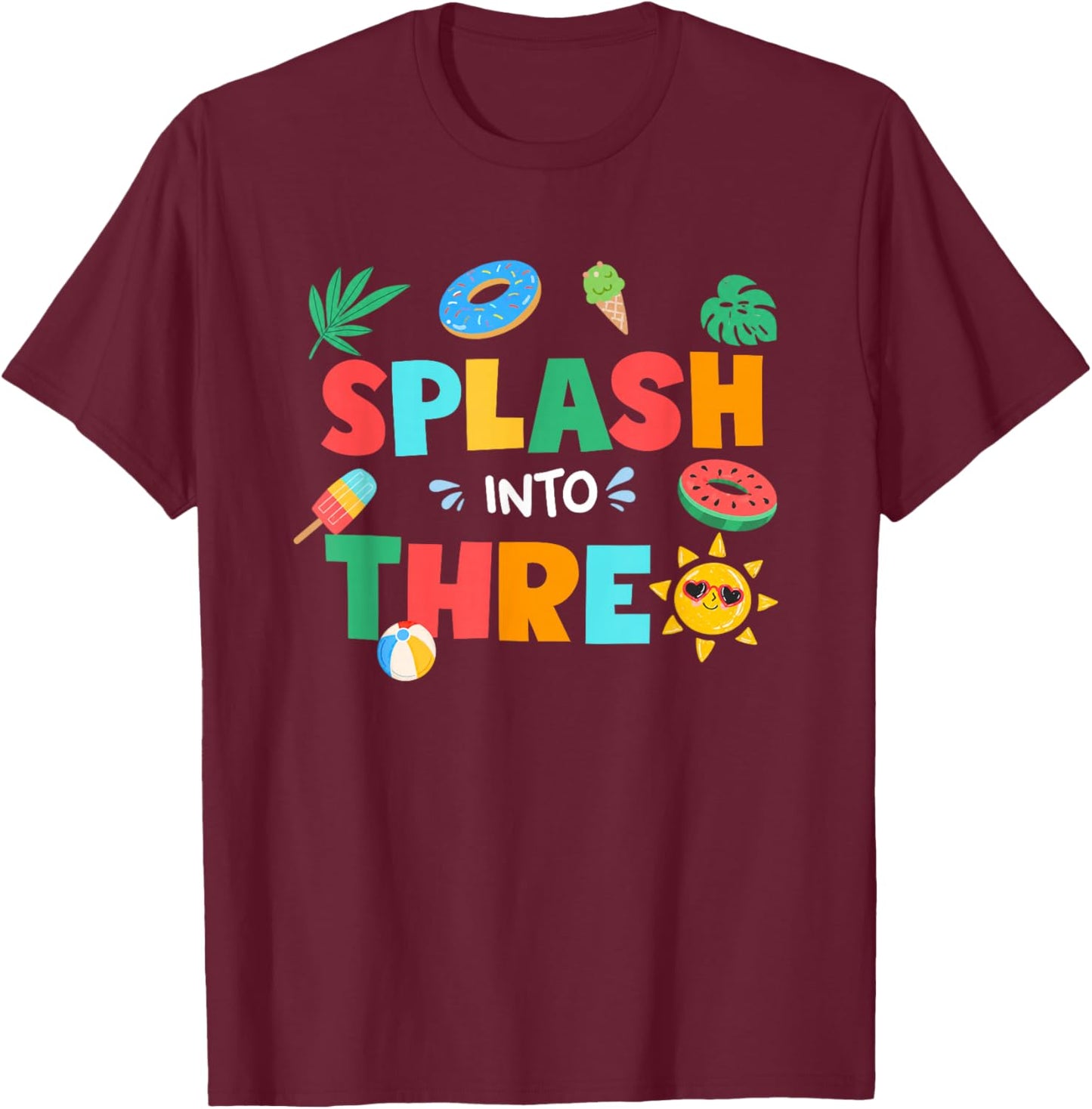 Splash Into Three Birthday Summer 3rd Birthday Pool Party T-Shirt - T-Shirt | Maroon