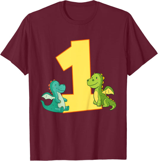 Kids 1st Birthday Dragon Shirt 1 Year Boys Dragon Gift T-Shirt - T-Shirt | Maroon