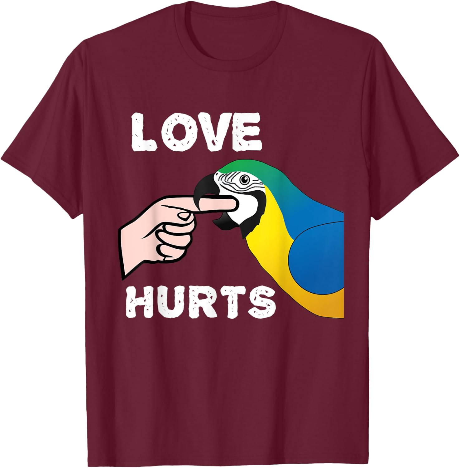 Love Hurts Blue and Gold Macaw Parrot T-Shirt - T-Shirt | Maroon