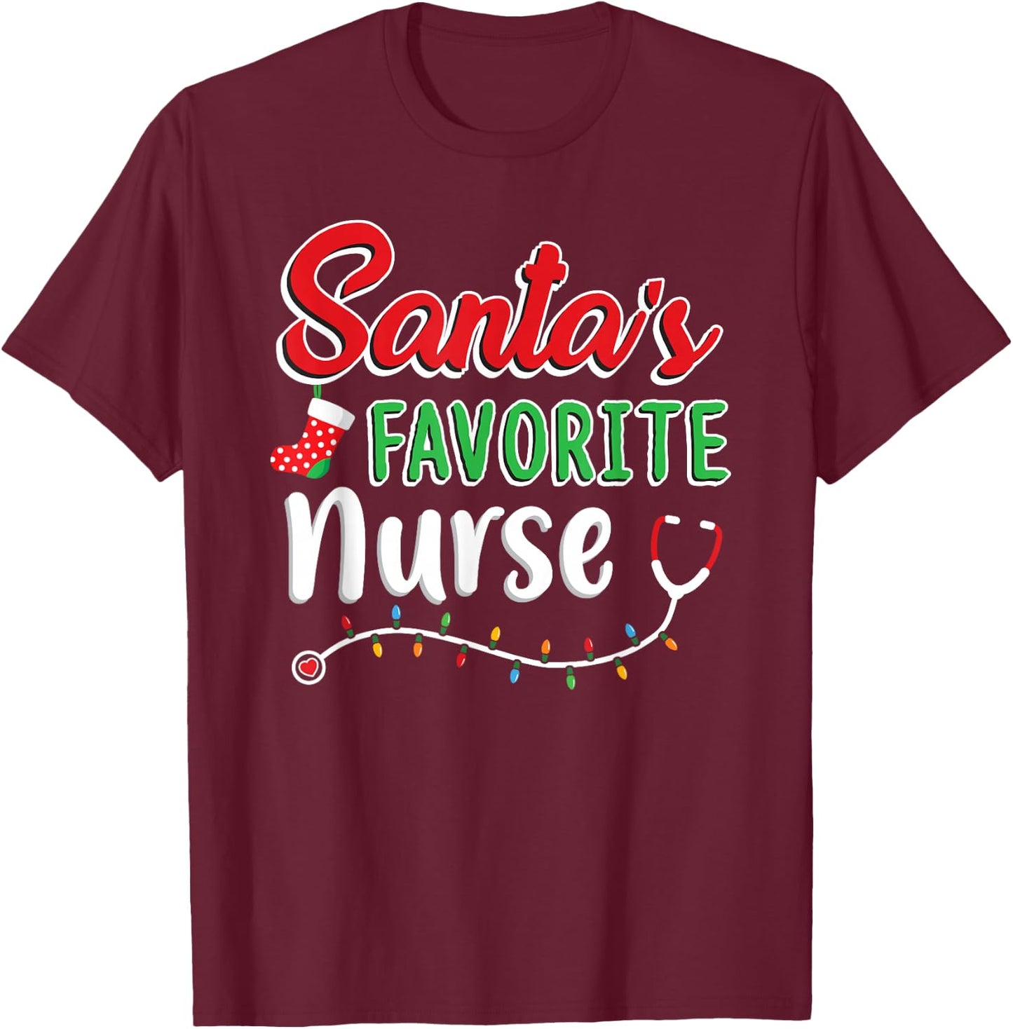 Santa's Favorite Nurse T Shirt Cute Merry Xmas Party Crew T-Shirt - T-Shirt | Maroon