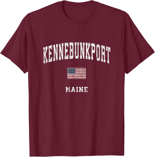 Kennebunkport Maine ME Vintage American Flag Sports Design Women Kids Men T-Shirt - T-Shirt | Maroon