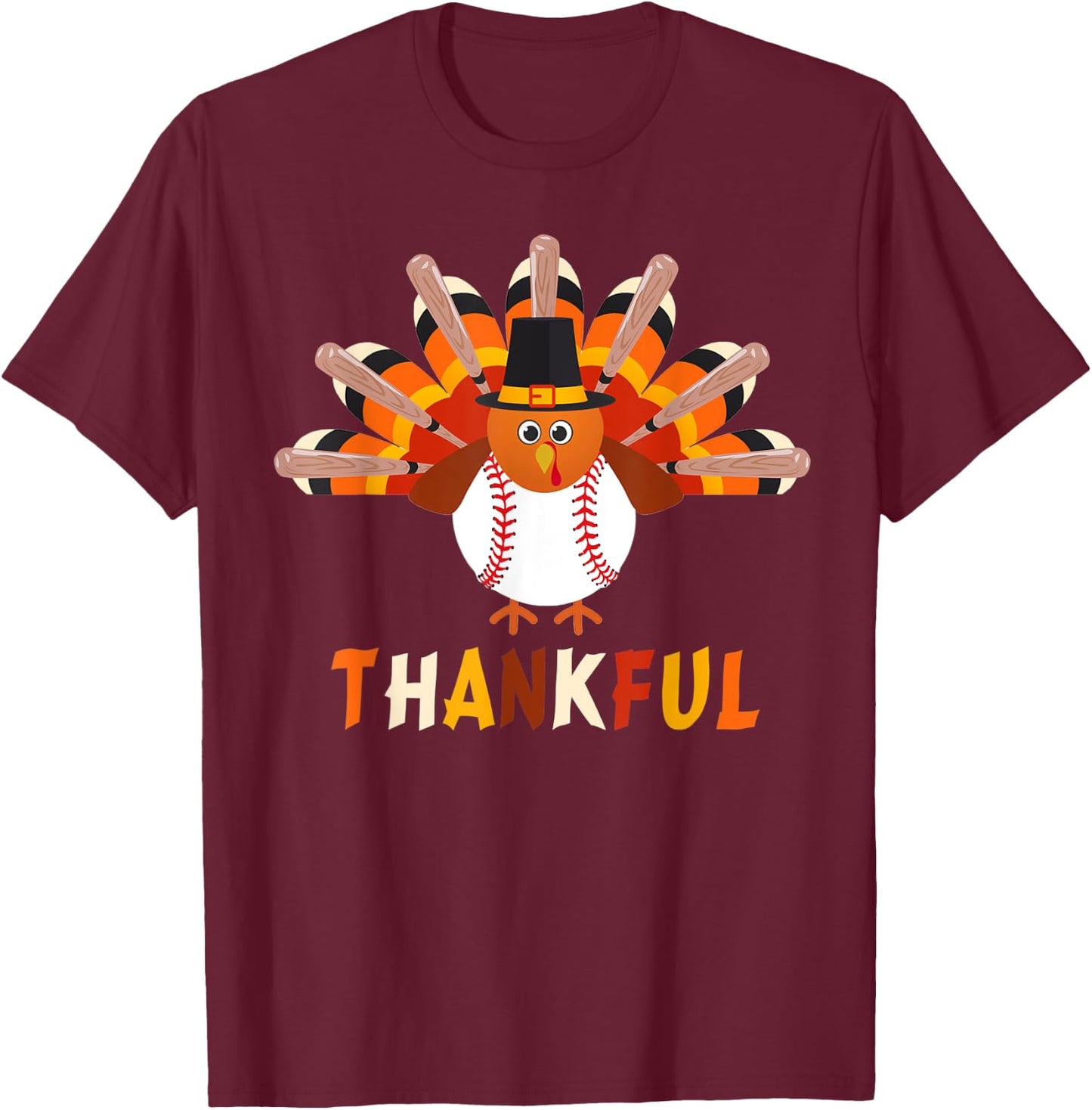 Turkey With Baseball Thankful Thanksgiving Christmas Gift T-Shirt - T-Shirt | Maroon
