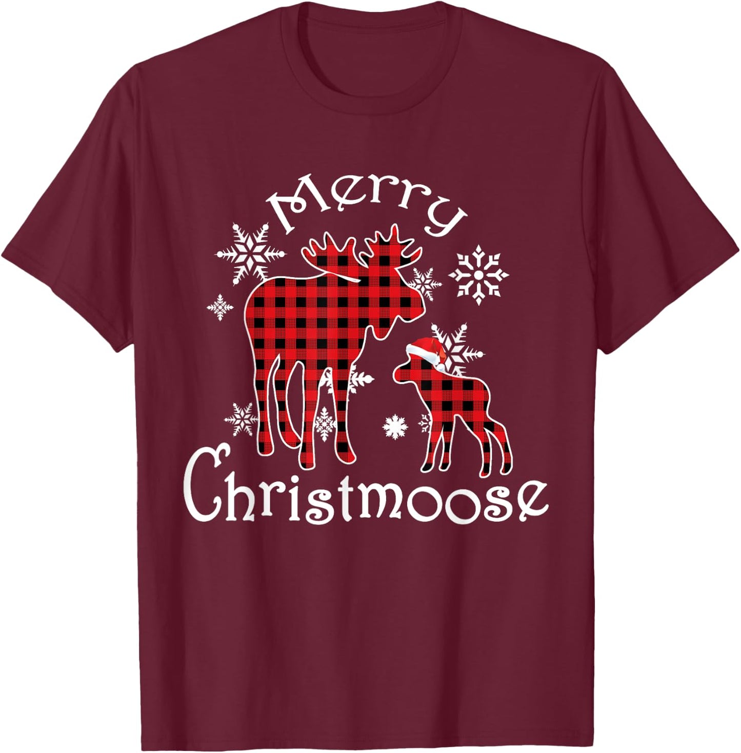 Merry Christmoose Moose Buffalo Red Plaid Christmas T-Shirt - T-Shirt | Maroon