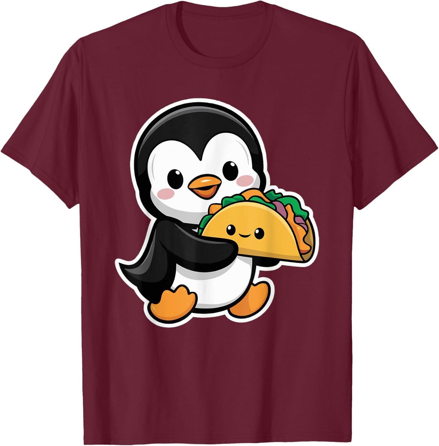 Funny Penguin Holding Taco Cute Kawaii Food Penguin T-Shirt - T-Shirt | Maroon