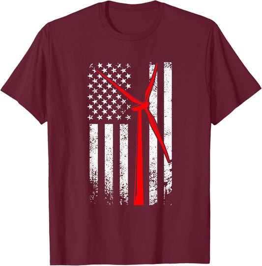 Wind Turbine Tech American Flag Windmill Renewable Energy T-Shirt - T-Shirt | Maroon