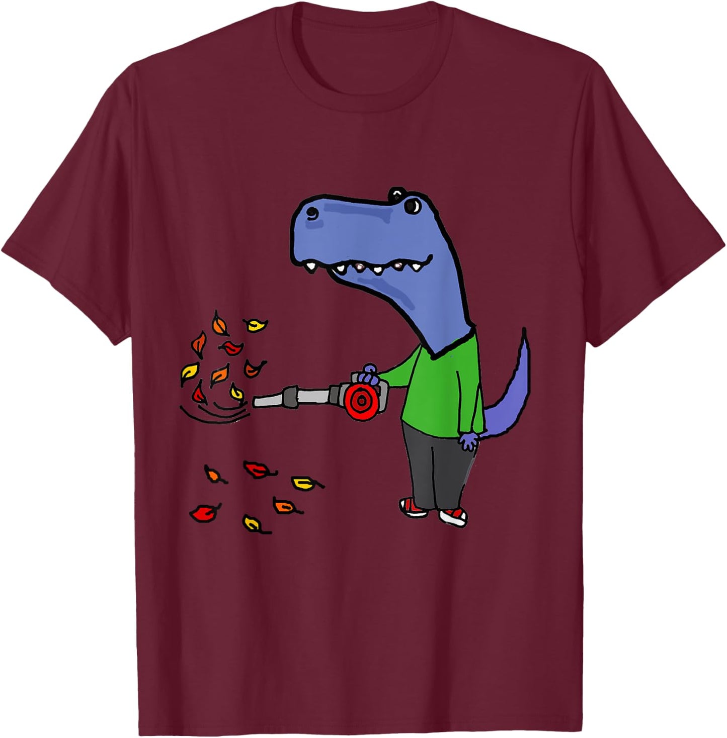 Smileteesall Funny T-rex Dinosaur using Leaf Blower Cartoon T-Shirt - T-Shirt | Maroon