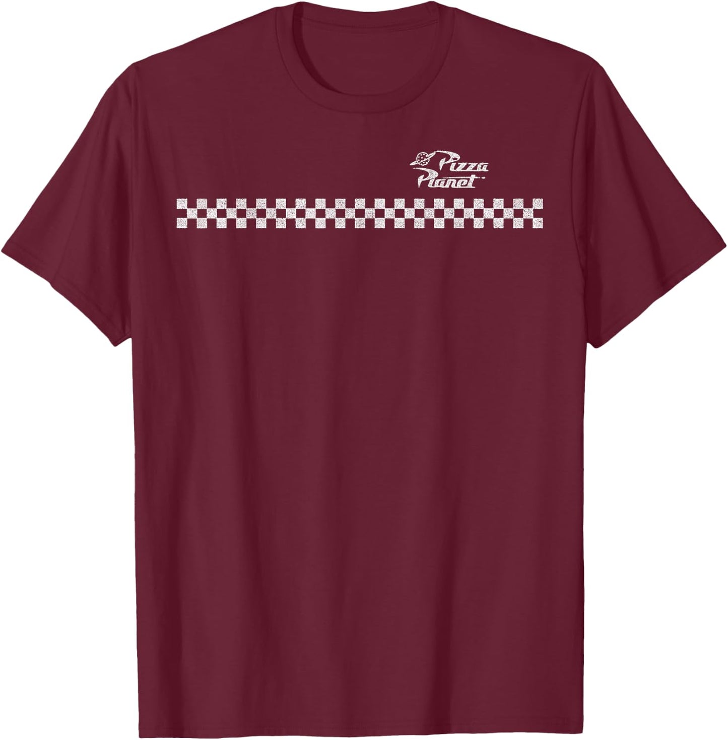Disney Pixar Toy Story Checkered Pizza Planet Logo T-Shirt - T-Shirt | Maroon
