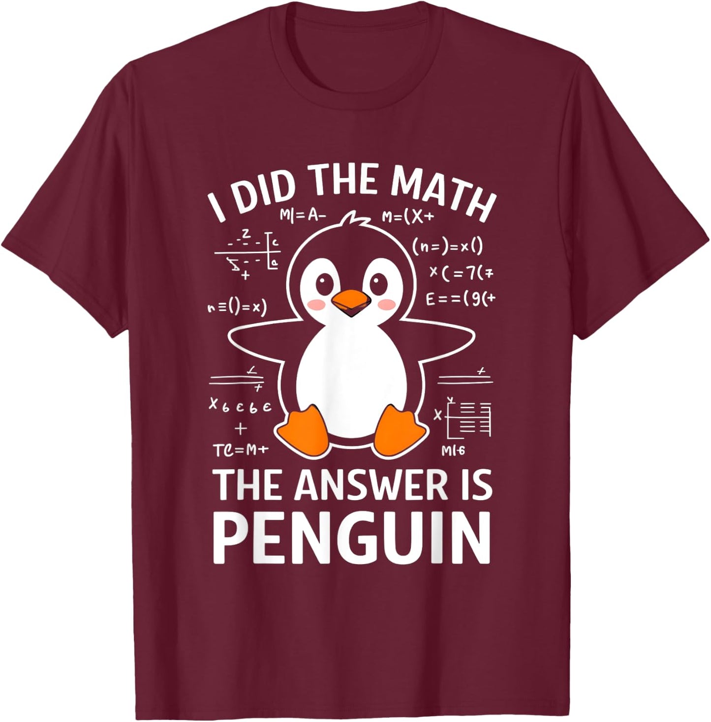 Cute Penguin With Math Design T-Shirt - T-Shirt | Maroon