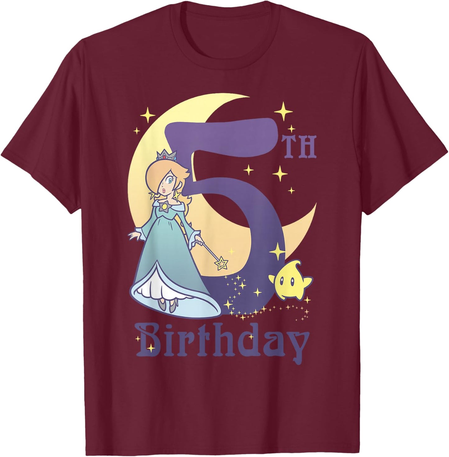 Super Mario Rosalina And Luma 5th Birthday Moon Portrait T-Shirt - T-Shirt | Maroon