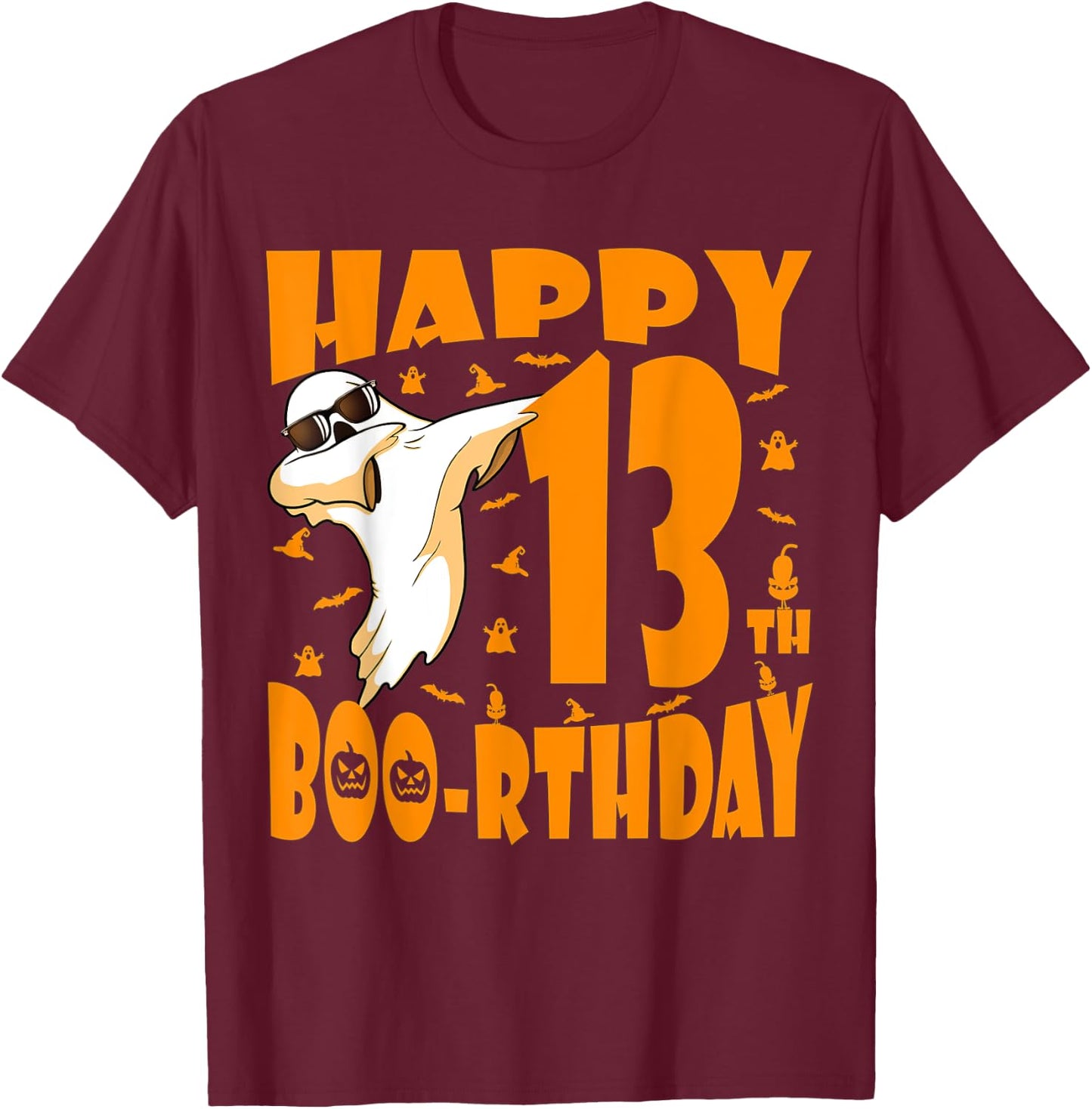 Dabbing Ghost Happy Birthday 13th Happy Boo-rthday Pumpkin T-Shirt - T-Shirt | Maroon