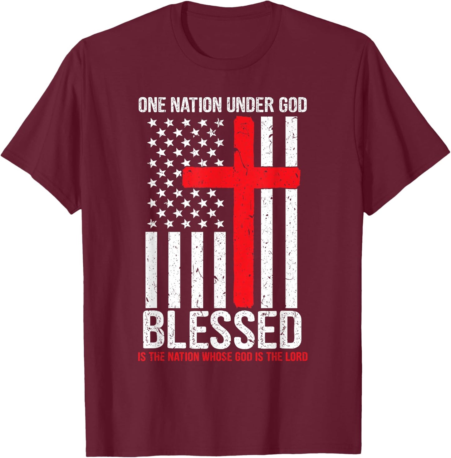 One Nation Under God Blessed American Flag Christian Cross T-Shirt - T-Shirt | Maroon
