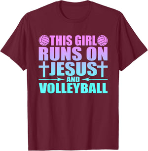 This Girl Runs On Jesus And Volleyball Novelty T-Shirt - T-Shirt | Maroon