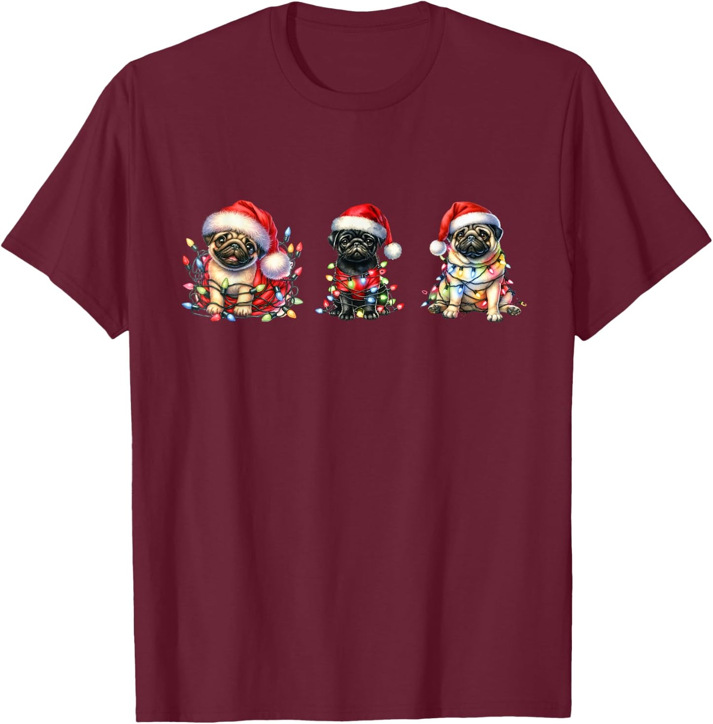Christmas Fawn and Black Pugs Santa Pugs T-Shirt - T-Shirt | Maroon