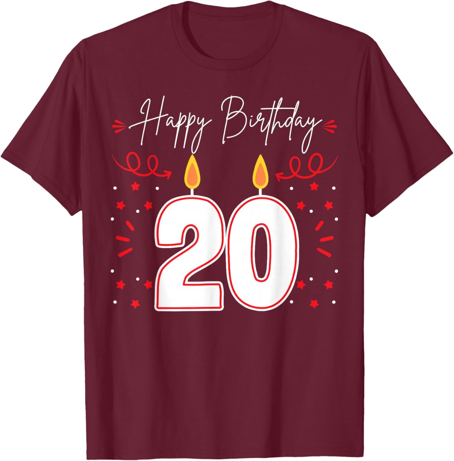 Candle 20 Birthday Party Decoration Wishes Candlelight Cake T-Shirt - T-Shirt | Maroon