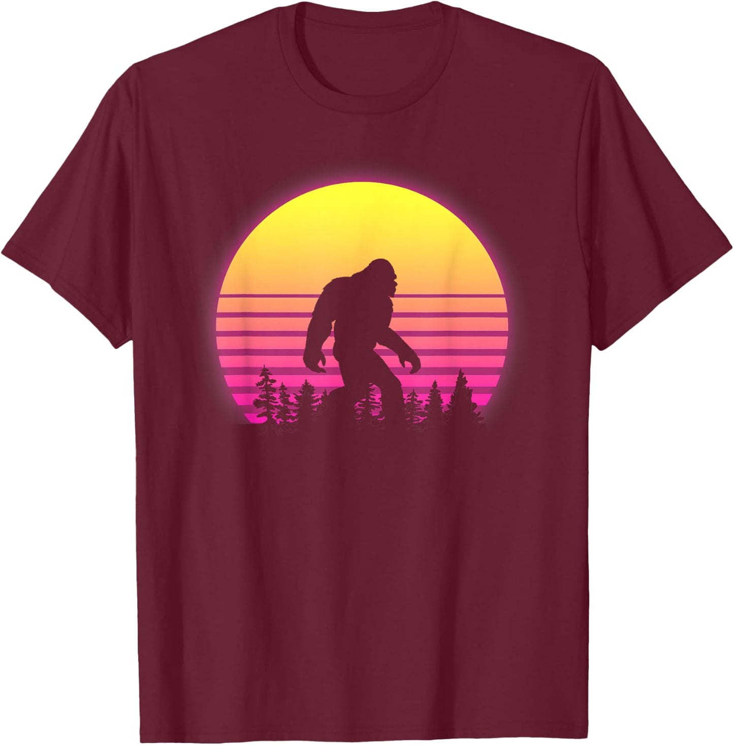 Retro Bigfoot Silhouette Vintage Sun - Believe 80's T-Shirt - T-Shirt | Maroon