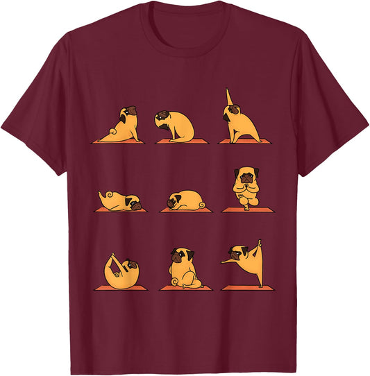 Yoga Puppy Yoga Pug Poses and Meditation Funny Pug Gift T-Shirt - T-Shirt | Maroon