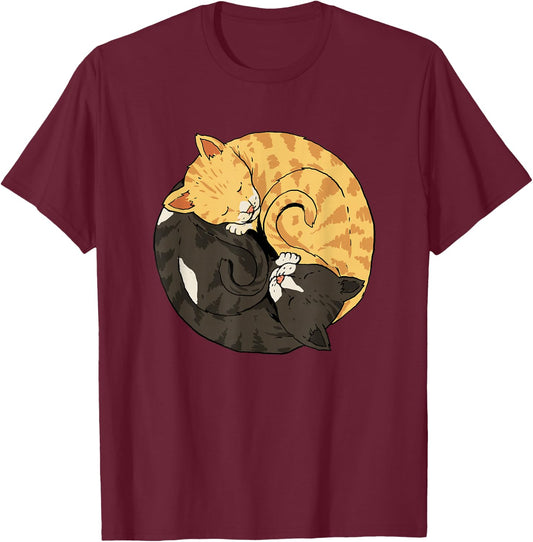 Yin and Yang Cats Yoga Zen Cats Ying Yang Meditation T-Shirt - T-Shirt | Maroon