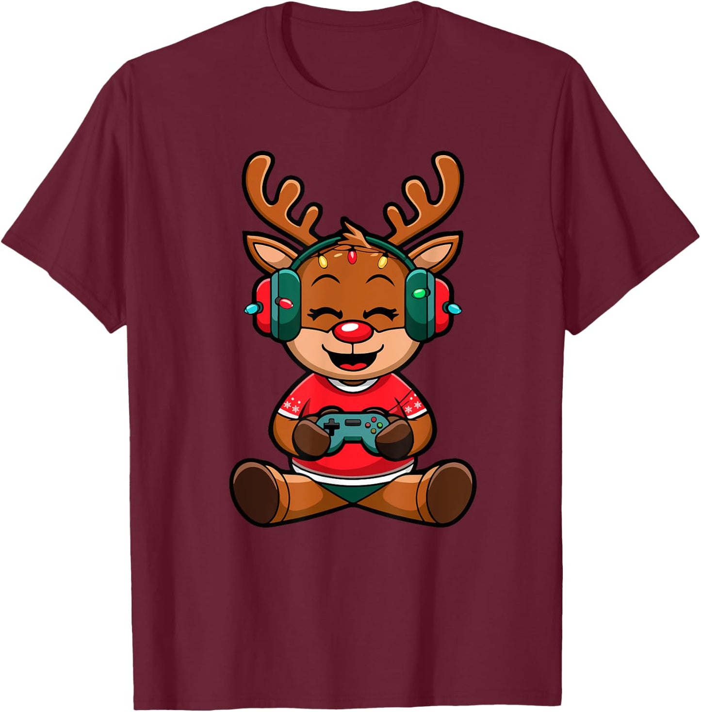 Funny Christmas Gamer Reindeer Gaming Kids Christmas Boys T-Shirt - T-Shirt | Maroon