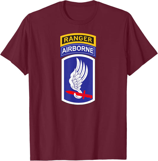 173rd Airborne Division Patch with Ranger Tab - Center T-Shirt - T-Shirt | Maroon