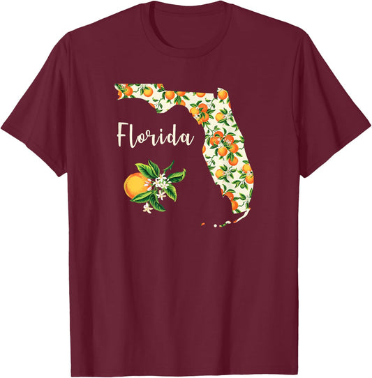 Florida Floral Orange Blossom Handwritten State Inspired T-Shirt - T-Shirt | Maroon