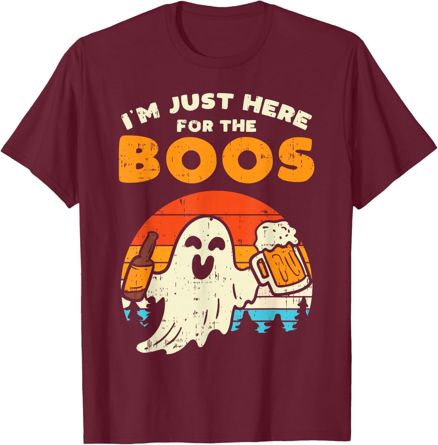 Just Here For Boos Retro Ghost Drink Beer Halloween Costume T-Shirt - T-Shirt | Maroon