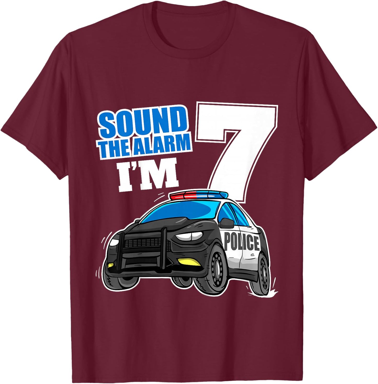 Kids Police Car 7th Birthday Boy 7 Cop Policeman Officer Seven T-Shirt - T-Shirt | Maroon