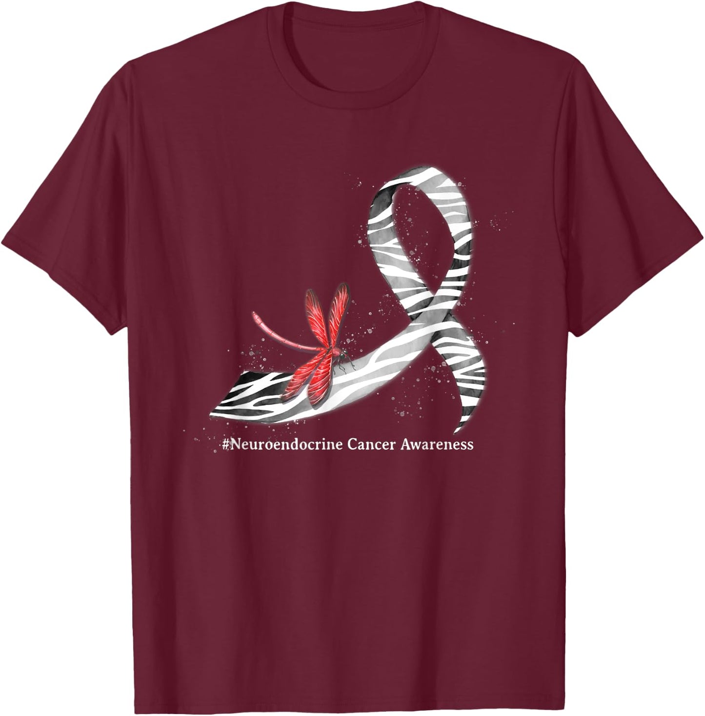 Dragonfly Zebra Ribbon Neuroendocrine Cancer Awareness T-Shirt - T-Shirt | Maroon