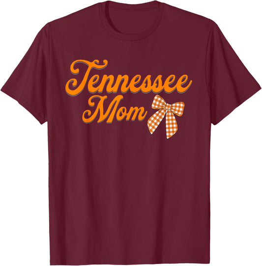 Cute Tennessee Mom with Bow - Orange and White Checked T-Shirt - T-Shirt | Maroon