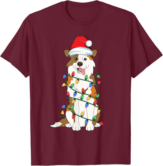 Australian Shepherd Christmas Tree Light Aussie Xmas Dog Men Women Kids T-Shirt - T-Shirt | Maroon