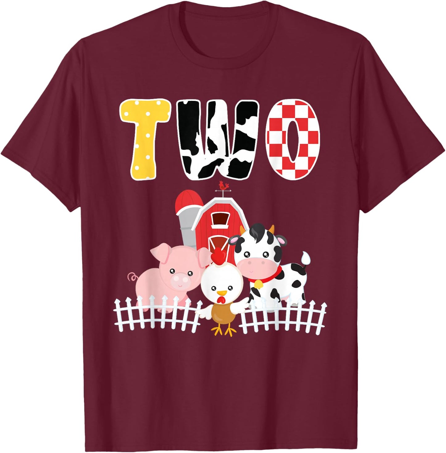 Barnyard Farm Animals 2nd Birthday 2 Year Old Birthday Shirt T-Shirt - T-Shirt | Maroon
