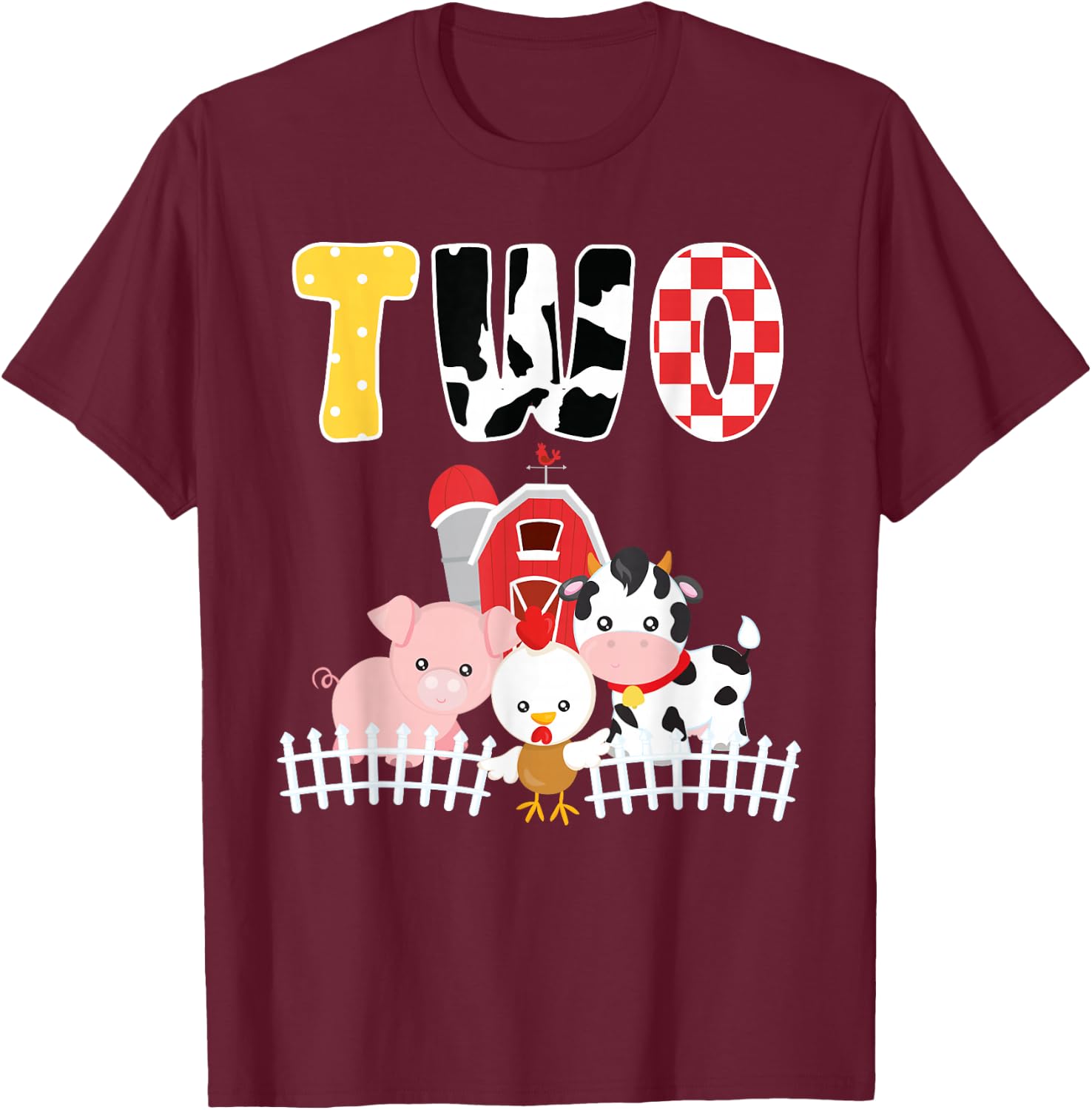 Barnyard Farm Animals 2nd Birthday 2 Year Old Birthday Shirt T-Shirt - T-Shirt | Maroon