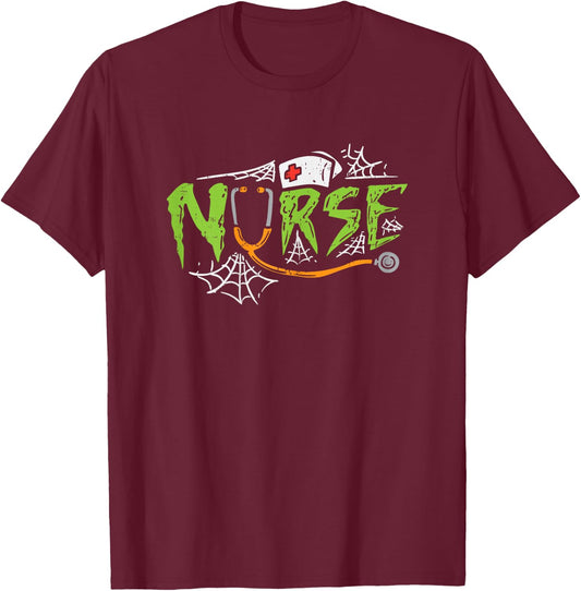 Nurse Spiderwebs Stethoscope Scary Halloween Costume RN Gift T-Shirt - T-Shirt | Maroon