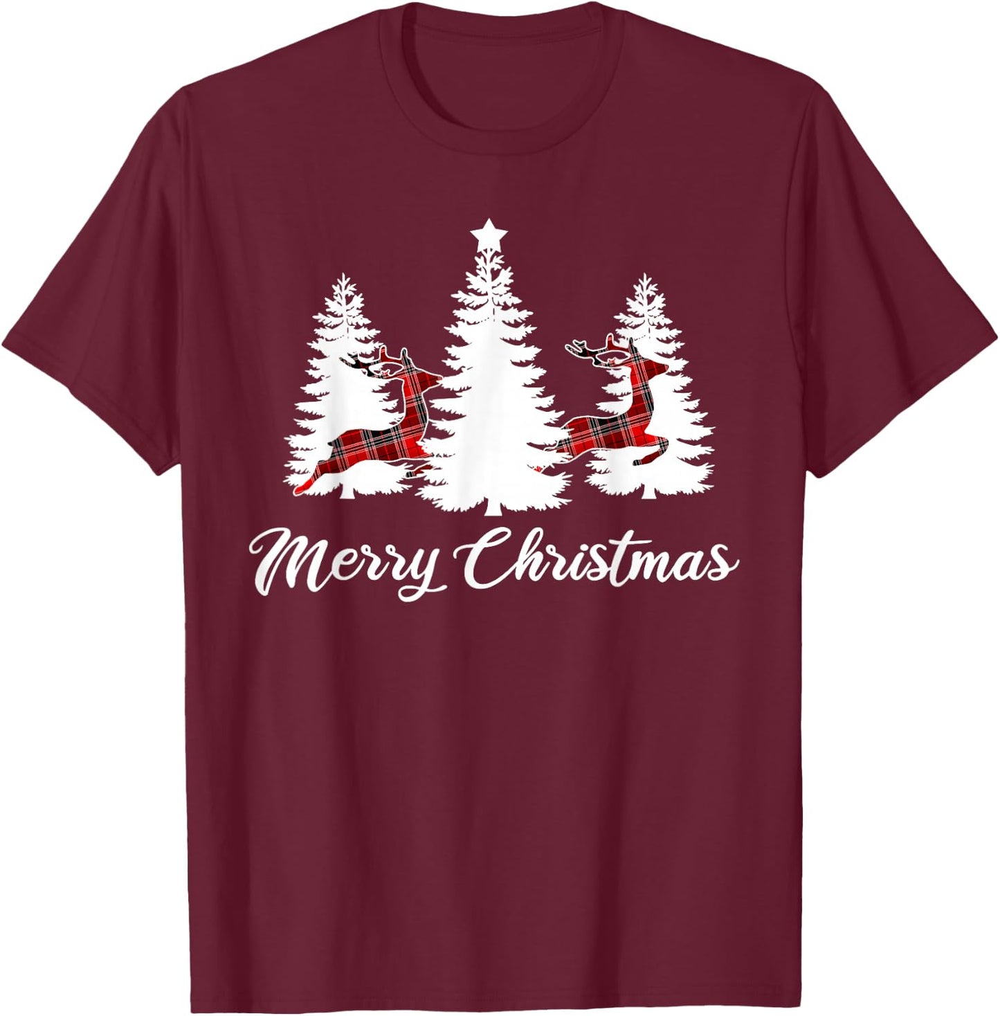 Merry Christmas Shirt Buffalo Plaid Reindeer Tree T-Shirt - T-Shirt | Maroon