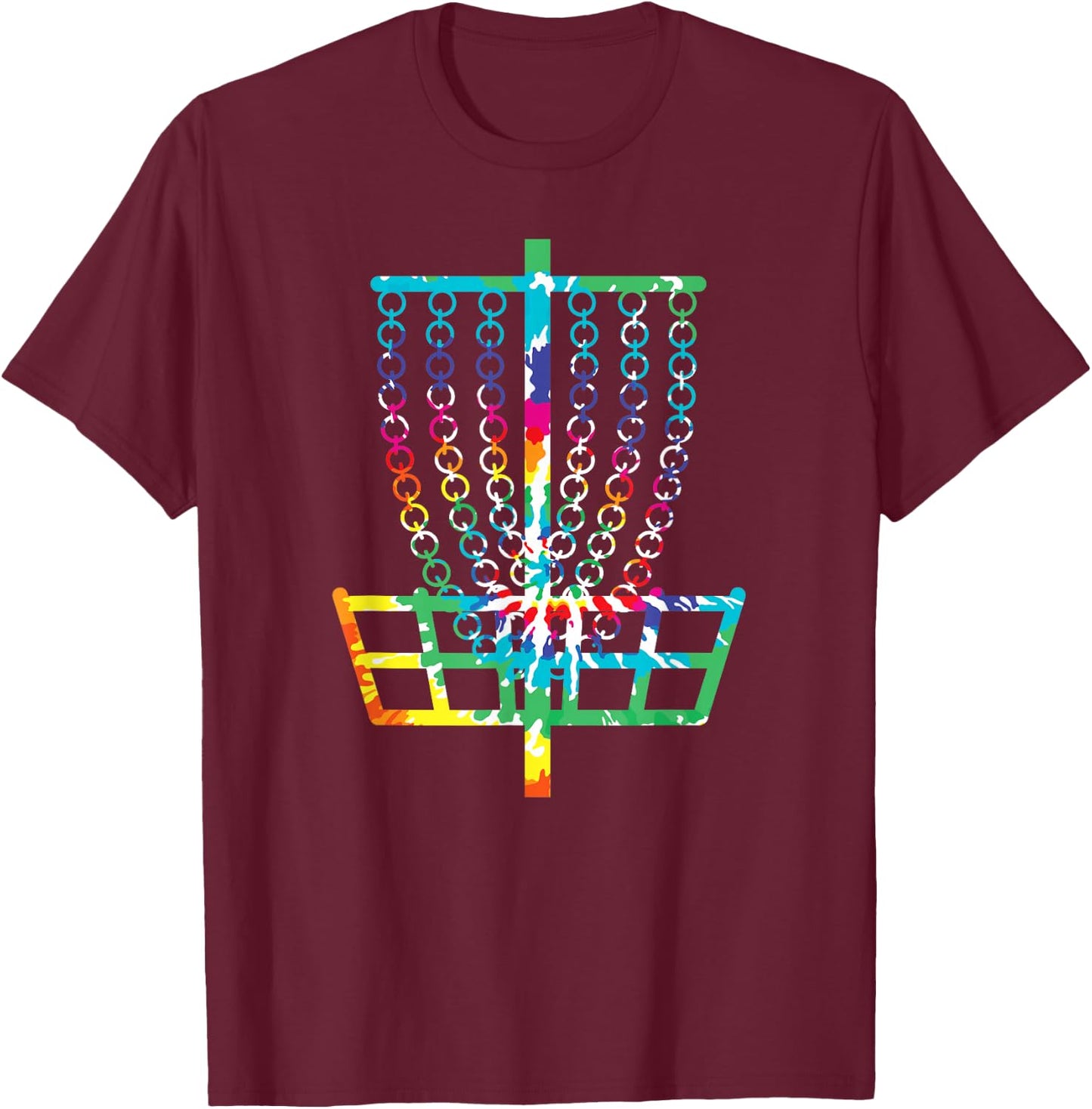 Retro Disc Golf Basket Hippie Rainbow Tie Dye Disc Golfer T-Shirt - T-Shirt | Maroon