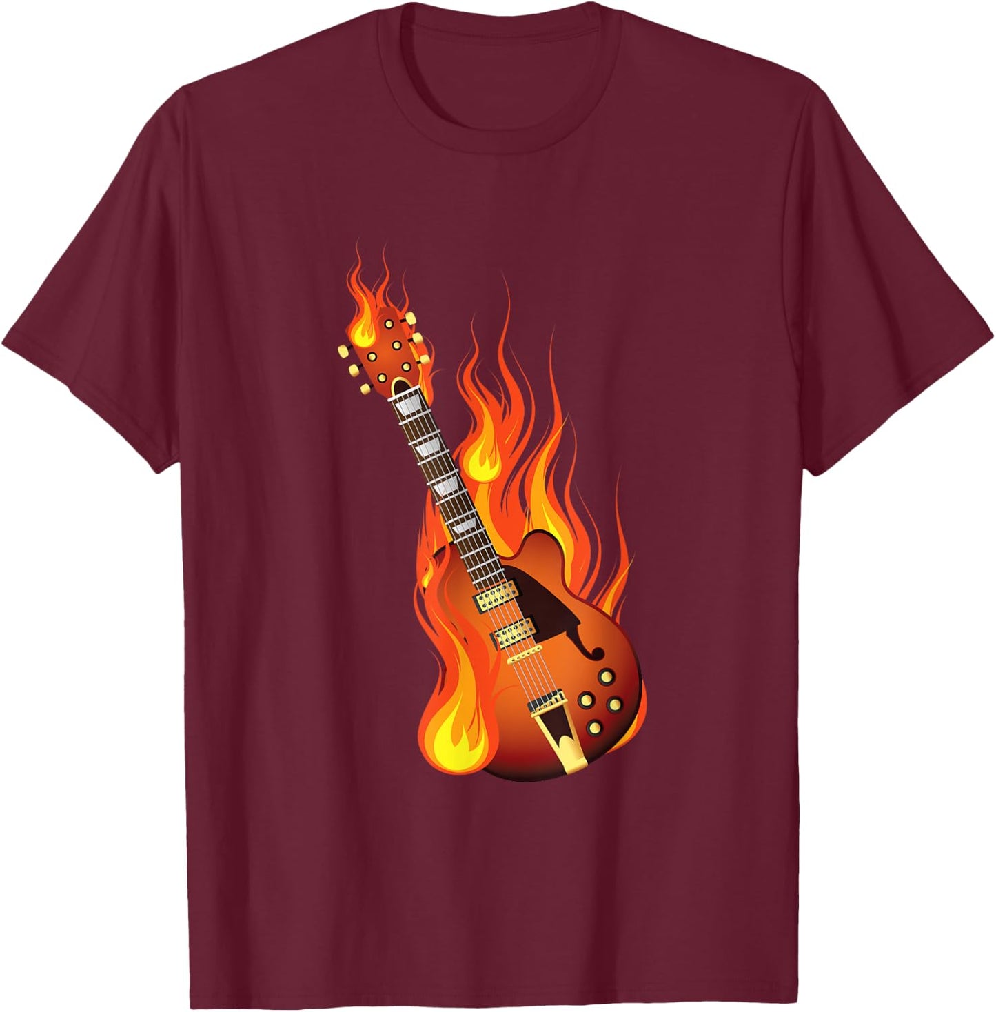 Burning On Fire Rock Guitar Heavy Metal Music Gift T-Shirt - T-Shirt | Maroon