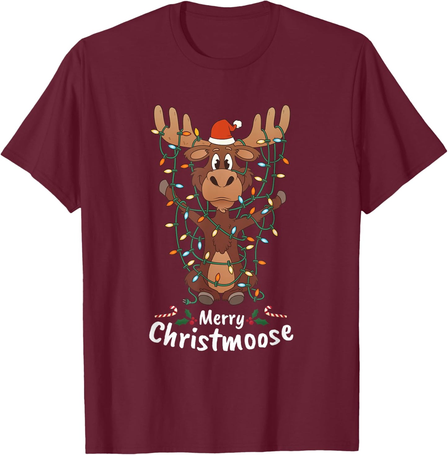 Merry Christmas Elk Christmas Tree Lighted Gift T-Shirt - T-Shirt | Maroon