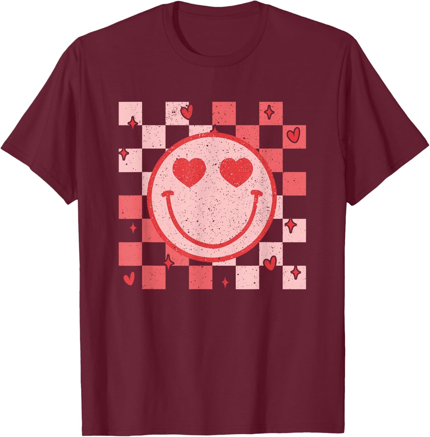 Retro Groovy Smile Face Checkered Valentine Men Women Kids T-Shirt - T-Shirt | Maroon