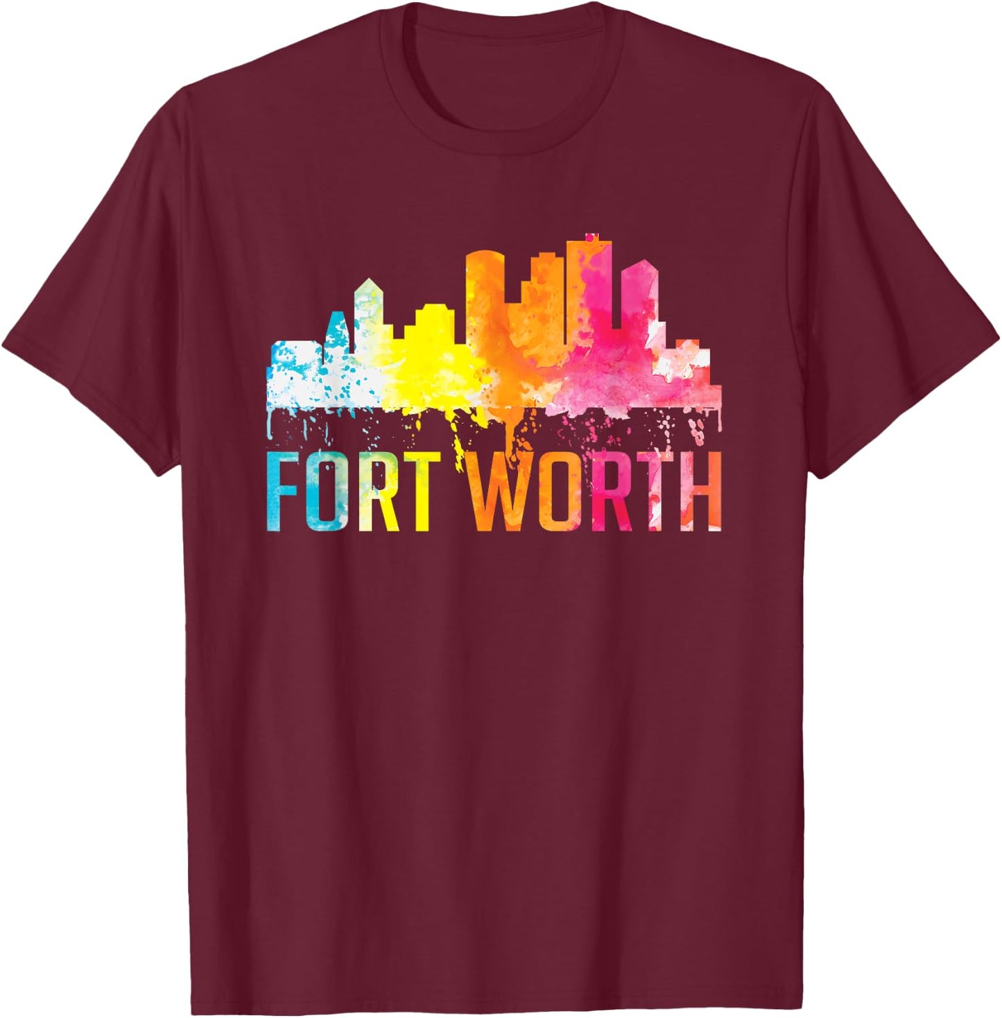 Fort Worth Texas Retro Watercolor Skyline Art Souvenir Gift T-Shirt - T-Shirt | Maroon