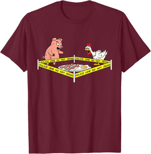 Police Line Do Not Cross Pig and Chicken Funny Food T-Shirt - T-Shirt | Maroon