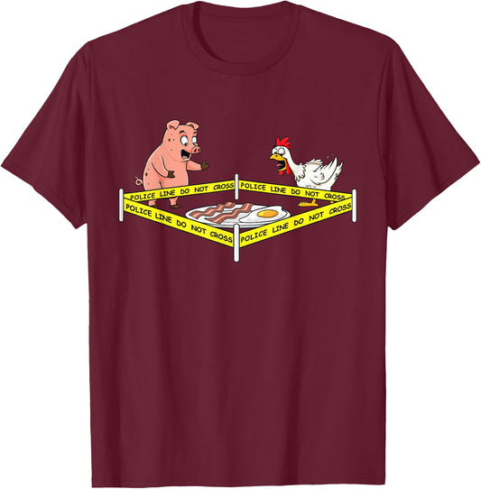 Police Line Do Not Cross Pig and Chicken Funny Food T-Shirt - T-Shirt | Maroon