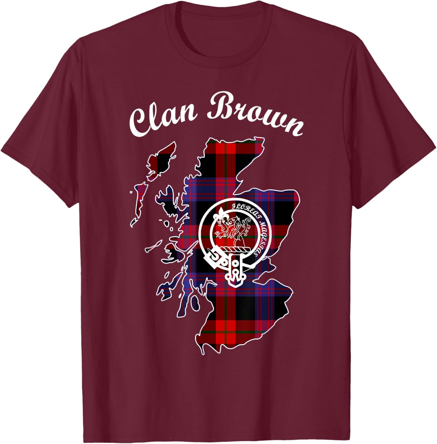 Brown map surname last name Scottish Clan tartan crest T-Shirt - T-Shirt | Maroon